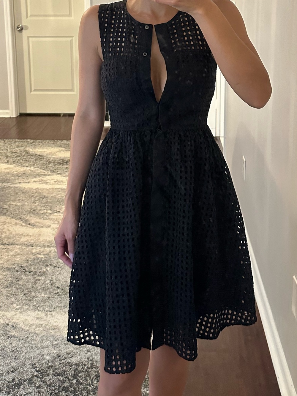 Whistles Black Eyelet Keyhole Fit-and-Flare Mini Dress